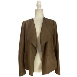 Vince Leather Jacket Draped Collar Open Front in Cocoa Brown